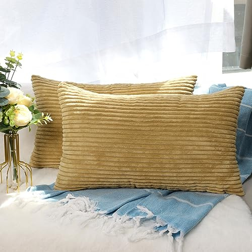CALIYO Kissenhülle Kord Uni 2er Set, Kissenbezug 40x60 Kissenbezüge für Zierkissen Dekokissen Sofakissen Couchkissen in vielen Farben Hellbraun