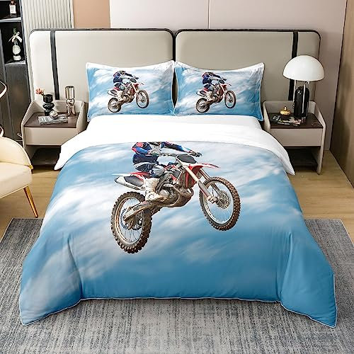 Dirt Fahrrad 100% Baumwolle Bettbezug 135x200,Motocross Rider Tröster Cover Motorrad Extreme Sport Quilt Cover,Motorrad Spiel Bettwäsche Set für Wohnzimmer Schlafzimmer Schlafsaal Dekorativ,Blau