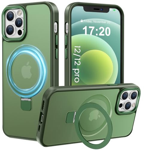 PuyaTeya Handyhülle für iPhone 12/12 pro Hülle, [mit Unsichtbarem Ständer ][mit Magnetic] Kratzfeste Anti-Fingerabdruck [Transluzente Matte] Hülle für iPhone 12/12 pro 6.1(Dunkel Grün)