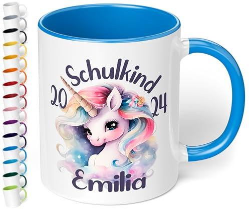 True Statements personalisierte Tasse Schulkind 2025, Cambridge Blau, Geschenk zur Einschulung für Mädchen, 330 ml Keramiktasse mit Einhorn, Einschulungsgeschenk 1. Klasse