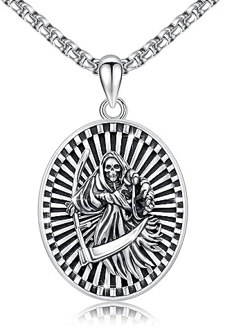 ABIGY Santa Muerte Halskette für Männer 925 Sterling Silber Sensenmann Sensen Schnitter Halskette Gothic Schädel Kette Totenkopf Sensenmann Schmuck Geschenk für Halloween Geburtstag