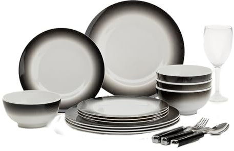 FLAMEFIELD Royale Onyx 12-teiliges Melamin-Set – schickes einfarbiges Geschirr, schwarze & weiße Teller und Schüsseln für Abenteuer-Essen, bruchfest, spülmaschinenfest, marine, und elegante