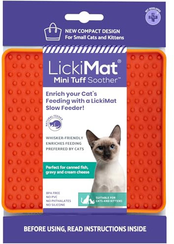 LickiMat Mini Tuff Soother Cat Food Mat, Cat Slow Feeder for Boredom & Anxiety Relief for Cats, Perfect for Food, Treats, Yoghurt & Peanut Butter, Fun Alternative to a Slow Feeding Bowl, Orange