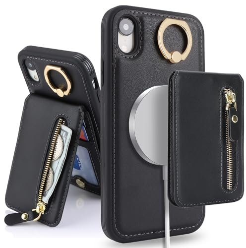 SailorTech Case for iPhone XR Phone Case with Card Holder, Cover for iPhone XR Case Ring Stand with Kickstand Card Slots Wallet Detachable 2-in-1 Zipper Case - Black