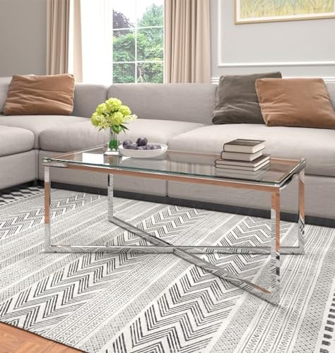 Hallowood Furniture Mesa Auxiliar Grande Con Parte Superior de Cristal - Rectangular, Moderna y Elegante Para Sala