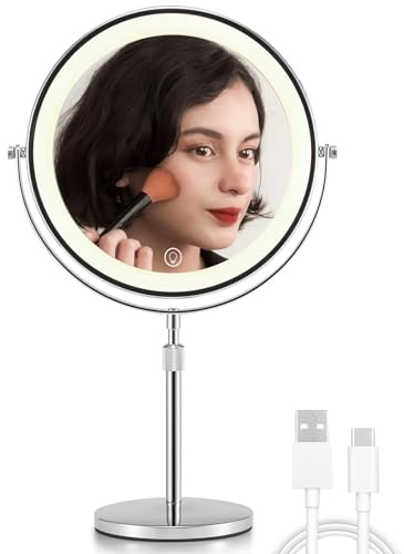 OMIRO Magnifying Mirror with Light 10X/1X-360° Flip Dual Side, 8.5 Makeup Mirror with Light, Touch Adjustable 3-Color Lights, Detachable & Rechargeable for Bathroom Vanity, Travel (Silver)
