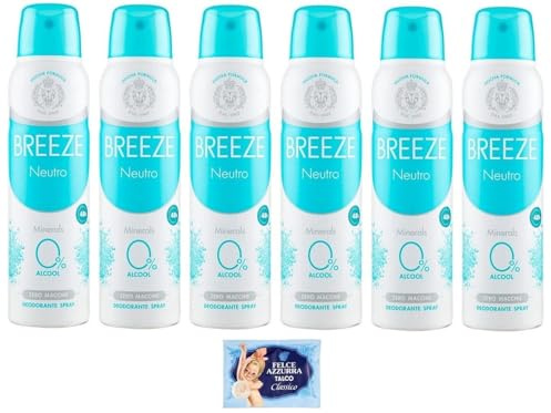 6 x BREEZE Deospray Neutral Mineralien, keine Flecken auf der Haut, 0% Aluminiumsalze 150 ml + 1 Packung Talkum Felce Azzurra gratis, Beutel 100 g