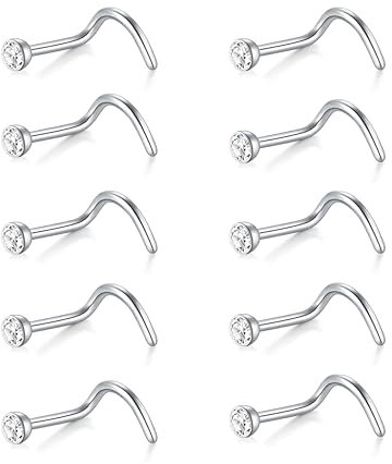 Decentraland 10 Stück Weiß-Weiß (S-förmiger Nasenring) Nasenstecker aus Chirurgenstahl/Titan für Damen-Nasenloch-Piercing-Schmuck, 20 g