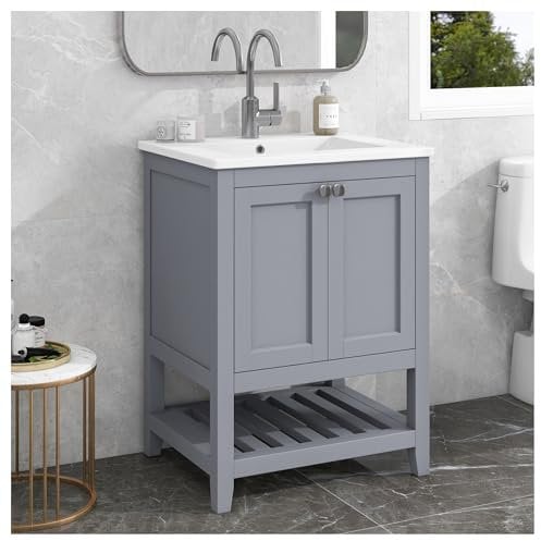 Racxily Mueble lavabo baño, mueble lavabo baño de suelo, 60 cm, con lavabo de cerámica, gris