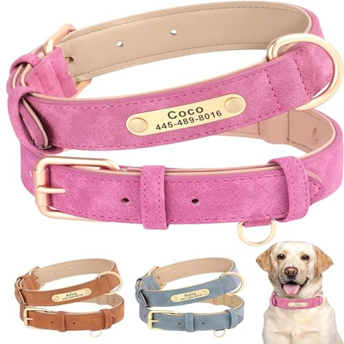 SEOUGEE Personalised Leather Dog Collar, Soft Padded Leather Dog Collars Heavy Duty with Custom Engraved Name Plate Adjustable for Small Medium Large Dogs (M, Rose 28-37cm)