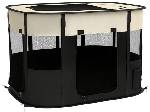 PawHut Parc pour Chien Animaux en Tissu Oxford Pliable 94x74x60cm Crème | Parc Chiot, Enclos Extérieur, Poches de Rangement, Enclos pour Chiens Chiots