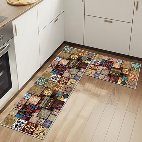 HSGLGNA Tappeto da cucina, set di 2 tappetini da cucina antiscivolo, lavabili, per cucina, corridoio, soggiorno, camera da letto, bagno (Style-c., 43x75+43x150cm)