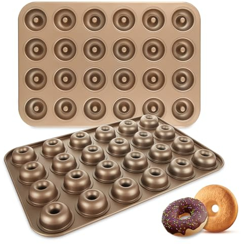 LDHHYH 2 Pack Mini Donut Pan, 24-Cavity Nonstick Doughnut Baking Tray (48 Total Cavities), Carbon Steel Mini Donut Cake Mold for Homemade Desserts, Breakfast & Parties, Gold