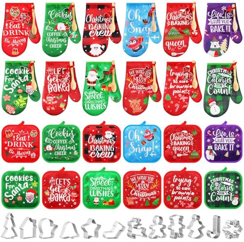 Qinyoung 48 pcs Christmas Kitchen Oven Mitts Set Pot Holders Holiday Baking Gift Set with Cookie Cutters Wooden Spoons Merry Christmas Santa Snowman for Xmas Kitchen Supplies Cooking Lover Presents