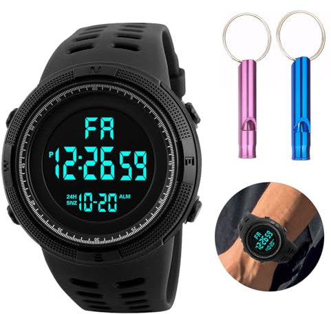 REBUCINA Digital Referee Stopwatch,Mens Digital Watches,Sports Watch with LED Light,Waterproof with Calender Stopwatch,with 2 Whistle