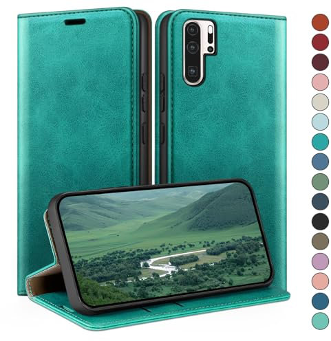 HUOUH für Huawei P30 Pro Hülle mit RFID Schutzhülle aus Lederhülle Handyhülle,Kartenfach Leder ständer Handy hülle,360 Grad Schutz Cover für Huawei P30 Pro Klapphülle Wallet Case Blaugrün