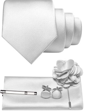 JEMYGINS Herren Krawatte aus Twill mit einfarbigem Design inklusive Pocket Square Manschettenknöpfen Krawattenklemme und Blütenbrosche Geschenkset für Partys Business Hochzeiten Weiß