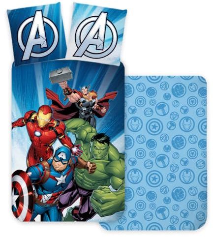 Avengers Superheroes Single Duvet Set 140 x 200 cm with Pillowcase 60 x 63 cm | Featuring Hulk and Iron Man Captain America Thor | 100% Cotton, Blue