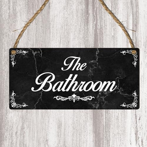 Elegant Bathroom Door Sign – Classic Hanging Toilet Plaque – Vintage Black Marble Effect Restroom Sign with Twine – Stylish Home, Guest Bathroom & Airbnb Wall Decor