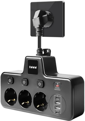 3 Fach Anschlüsse Steckdosenverlängerung, 6-in-1 Steckdosenleiste 3-Fach, 16A USB Mehrfachsteckdose Steckdosenleiste mit 3 USB-Anschlüssen für Büro, Hause und Reisen