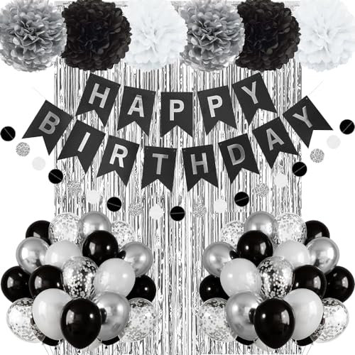 Geburtstagsdeko Schwarz Silber, Geburtstag Party Deko Schwarz Weiß Silber Luftballons, Happy Birthday Banner, Vorhänge, Pompons für Männer Frauen 18-60.Geburtstag Party Dekoration
