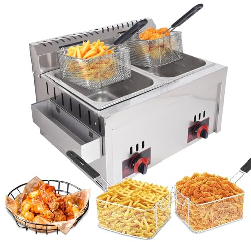 rzoizwko Gas Fritteuse 20L Gas-Fritteuse Edelstahl Fritteuse mit 2 Pommes Körbchen, Doppelter Tank Fritteuse Maschine für Restaurants, Cafés, Imbissstuben