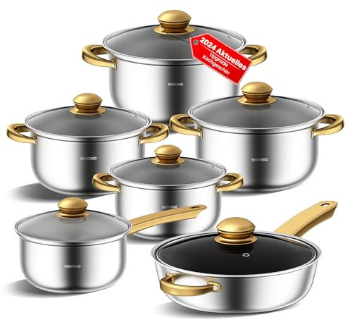 Topfset aus Edelstahl and Pans Set,12-teiliges Küchen-Kochgeschirr-Set, ungiftiges Kochset mit kühl bleibenden Griffen, spülmaschinenfest, Töpfe Set Geeignet für alle Herdarten (Gold B)
