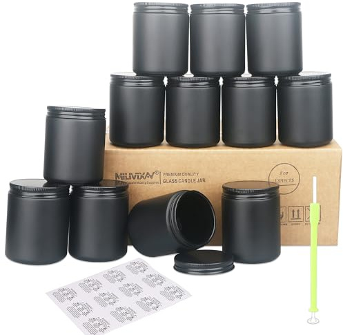 MILIVIXAY 12 Pack 8 OZ Thick Glass Matte Black Candle Jars with All Black Metal Lids-Bulk Empty Candle Jars for Making Candles-Canning Jar for Spice, Liquid, Sample- Dishwasher Safe.