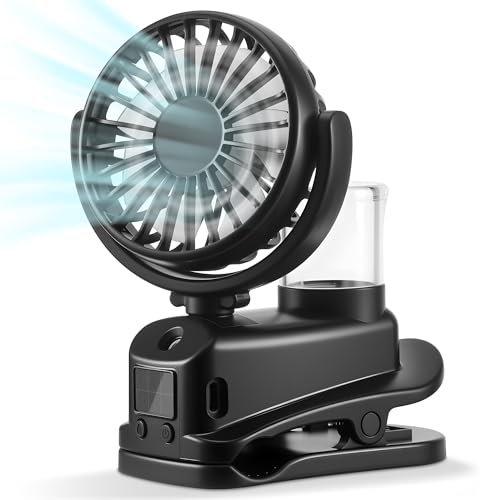 Clip On Fan with LED Display, USB Battery Powered Fan Silent Powerful, 4 Speeds Rechargeable Fans Portable with Water Spray, Quiet Small Misting Fans For Bedroom, Pram, Buggy, Camping,Travel(Black)
