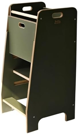 Torre di apprendimento in legno extra sicuro | Montessori Küchenhelfer | Sgabello da cucina | Piattaforma regolabile | Kitchen Helper | Mobili da cucina sicuri | Scala da cucina integrata (Oliva)