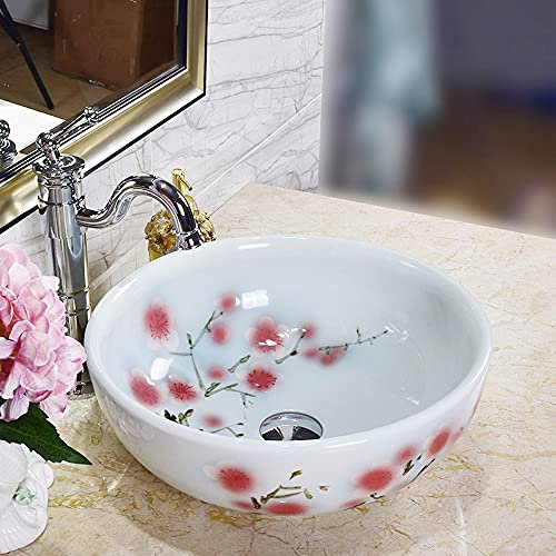 Lavabo de cerámica Redondo sobre encimera para baño, Pintado a Mano, con diseño de Flor de durazno.