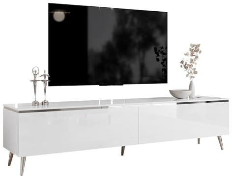Lookway TV-Schrank Aurora Silver 180 cm auf Silbernen Beinen Gerade oder Schräg, Silber Dekorative Leiste Mit LED-Option Modernes Wohnzimmermöbel (mit LED Beleuchtung, Onyx - Schräge Silber Chrom)