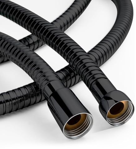 OFFO Flexible de Douche 1.6 m, Avec Protection Anti-torsion, Grand Flexible Douche de 11 mm de Diamètre,Tuyau Douche de Rechange Haute Pression en Acier Inoxydable, Noir