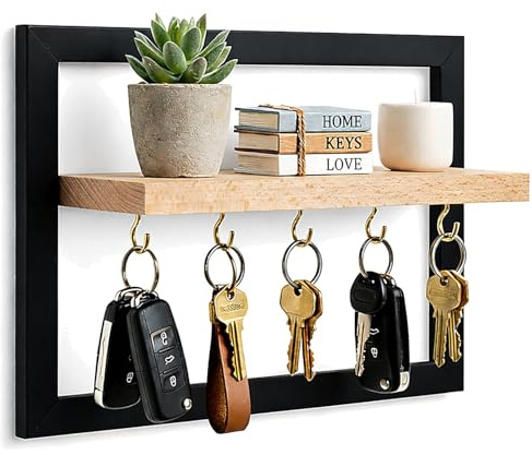 Schlüsselbrett mit Ablage – Wandorganizer mit 5 Haken & Ablage aus Buchenholz – Modernes Design mit schwarzem Rahmen – Schlüsselhalter für Flur, Küche oder Büro