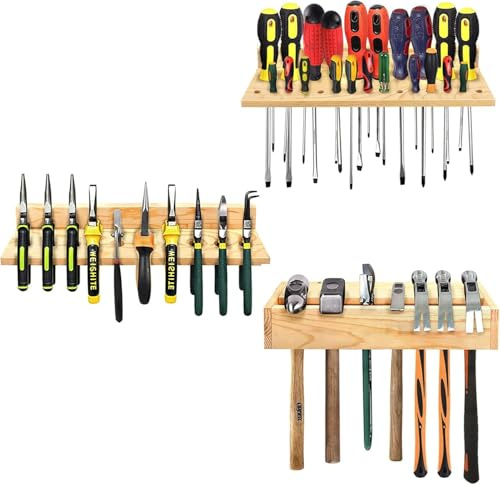 Goumthe 3 Pack Wall Tool Organizer Tool Rack, Screwdriver Organizer Wall Mounted Screwdriver Rack Wooden Plier Holder Hammer Rack Tool Trays Tool Storage Organisers for Garage Workshop