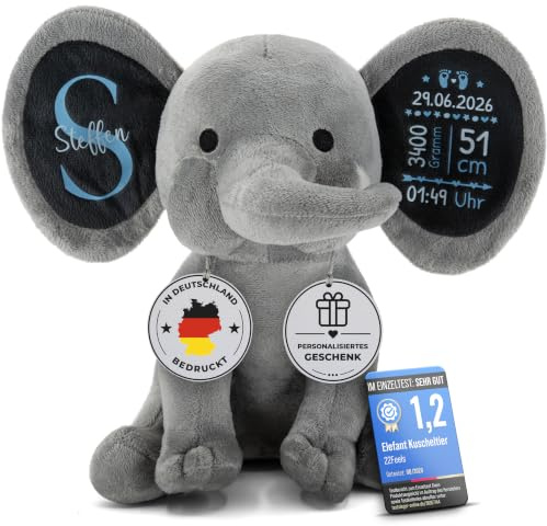22Feels Plüschtier - Personalisiertes Babygeschenk zur Geburt Junge DEKO Elefant Kuscheltier mit Geburtsdaten Stofftier Name Datum Gewicht Geschenk Taufe 1. Geburtstag Patenkind Sohn Grau Blau (25 cm)