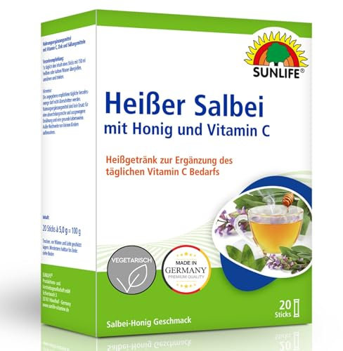 SUNLIFE Heißer Salbei mit Honig & Vitamin C - 1x20 Pulver Sticks - Salbei Honig Getränkepulver - Nahrungsergänzung zur Unterstützung des Immunsystems - Heißgetränk mit Salbei Extrakt