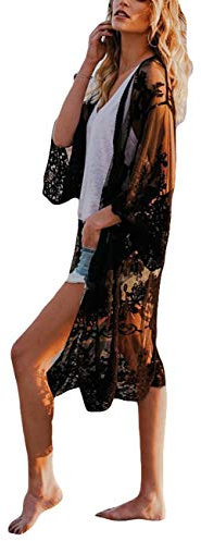 Bsubseach Women Black Sexy Lace Long Sleeve Swimsuit Embroidery Beach Kimono Cardigan Bikini Cover Up
