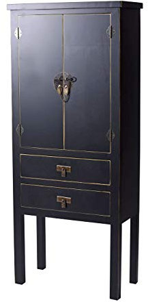 Armario de boda chino Shanghai negro – Auténtico diseño Ming, 2 puertas y 2 cajones, madera/MDF, herrajes antiguos de metal patinado, incluye mya017 Palazzo exclusivo