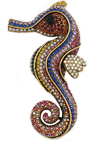 Avalaya Broche/pendentif hippocampe multicolore surdimensionné en métal doré vieilli – 90 mm de haut, taille unique, Métal