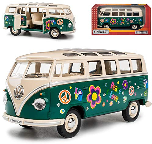 Kinsmart Volkwagen T1 Grün mit Beige Samba Bully Bus Flower Power 1950-1967 1/24 Modell Auto