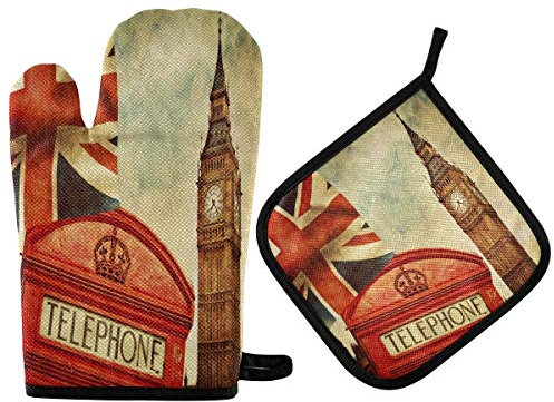 HMZXZ RXYY London Big Ben Union Jack Oven Mitts Quilted Cotton Lining Potholders BBQ Gloves-Oven Mitts and Pot Holders Heat Resistant Kitchen Gloves Safe Mats for Baking Cooking