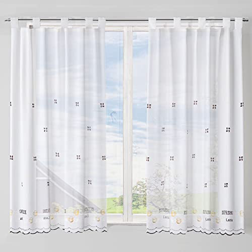 Dalina Textil - Cortina de Cocina Translúcido con Bordado, Visillo Transparente para Cocina, Comedor, Marco de Puerta 2 Pieza Tejido Gasa Finas Tejido Gasa Fina(Bordados Cafe, 100x140cm)