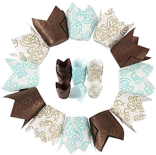 150 Stücke Cupcake Backpapier für Cupcakes Muffins, Tulpen Muffinförmchen Papier, Tulpe Muffin Fälle, mit Wolken Muster, für Haus und Party Wrapping Kuchen(Blau, Gold, Kaffee)