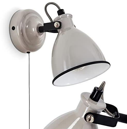 Wandleuchte Selki, moderne Wandlampe aus Metall in Grau glänzend/Weiß/Schwarz mit verstellbarem Strahler, Leuchte im Retro/Vintage-Design mit Zugschnur am Gehäuse, 1-flammig, E14, ohne Leuchtmittel