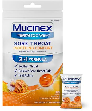 Mucinex Instasoothe Sore Throat Relief Drops, Sore Throat Lozenges, Sore Throat Medicine with Hexylresorcinol, Cough Drops Alternative, Honey & Echinacea Flavor Medicated Numbing Throat Drops, 20 ct