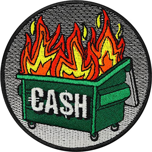 CASH Aufnäher/Aufbügler Money Patch zum annähen/aufbügeln | verbrenntes Geld burning cash in trash can Sticker | Finanzkrise Applikation für alle Stoffe | 80x80mm