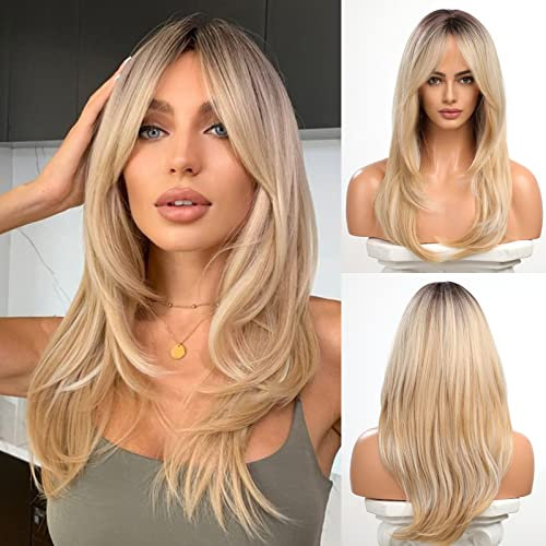 HAIRCUBE Vorhang Bangs schulterlange helle lockige dunkle Wurzel Ombre helle blonde Frauen Perücken synthetische Perücken mit Pony Wellenhaar Perücken für tägliche Cosplay -Ladies Perücke