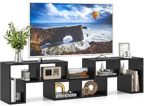 COSTWAY Mobile Porta TV Combinabile con Ripiani Aperti, per TV Fino a 65 Pollici, Mobile TV di Legno per Camera da Letto, Soggiorno, Capacità di Carico Massima 80 kg, 134-180 x 30 x 43 cm (Nero)