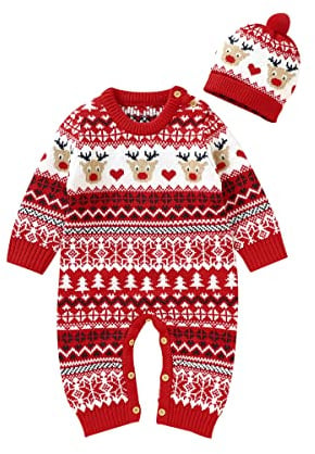 Hadetoto Baby Christmas Rompers Newborn Knitted Onesies | Infant Girls Boys Clothes, Long Sleeve, Cozy Soft Knit, Warm Sweater, Jumpsuit Outfits, Button Closure Knitwear
